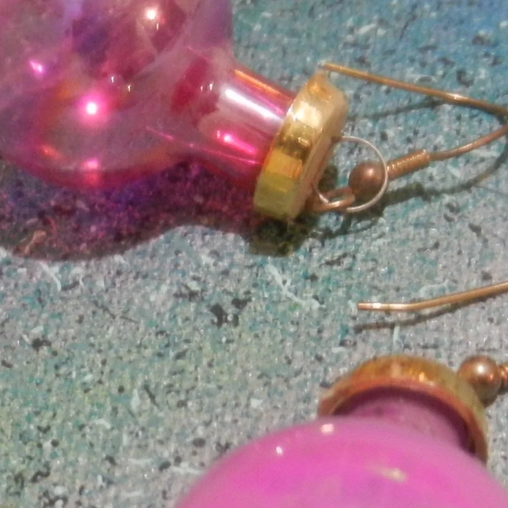 VTG Contempo pink Barbiecore earrings pierced Christmas ornament gold tone caps